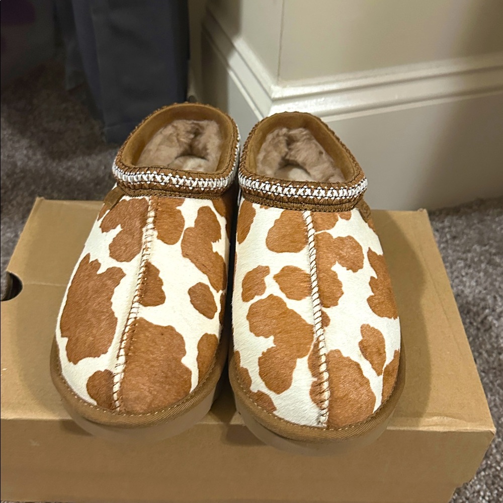 NEW. UGG TASMAN COW PRINT SLIPPERS